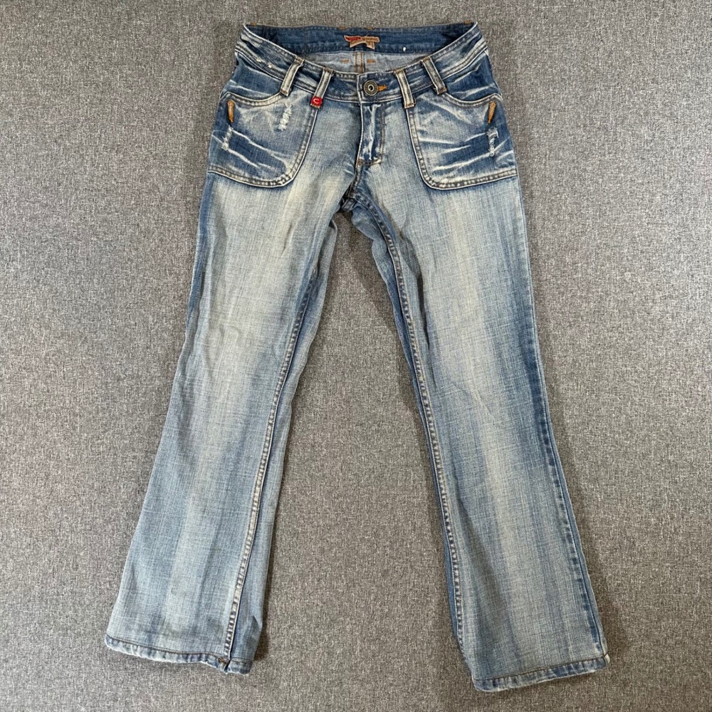 Castro Jeans Women 4 Low Rise Flare Blue Distressed Whiskered Y2K Denim